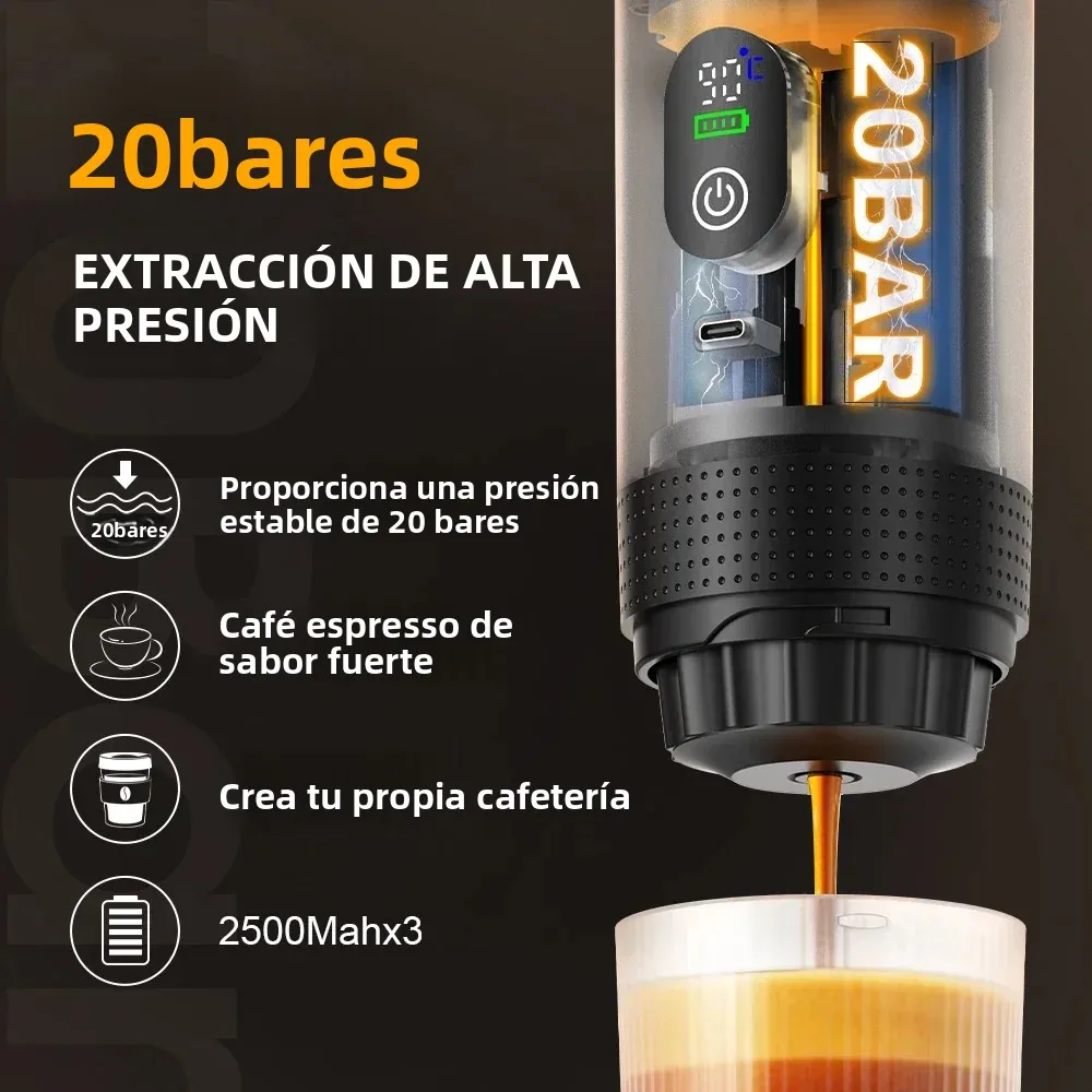 Cafetera eléctrica portátil inalámbrica DENOKIN para coche y camping, con depósito de agua de 80 ml, pantalla digital, 3 en 1, para cápsulas de café en polvo y viajes. - Imagen 6