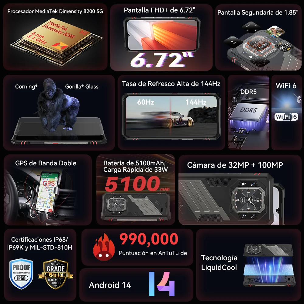 Cubot KingKong Star 2, un smartphone 5G ultrafino y resistente, Dimensity 8200 de 4 nm y 3,1 GHz, 24 GB de RAM (12 GB + 12 GB ampliados), 256GB de ROM, pantalla grande de 6,72″ y 144 Hz, 5G movil, NFC - Imagen 7