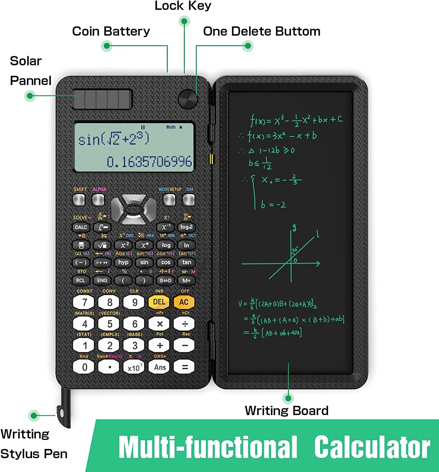 Calculadora Científica Solar con bloc de notas LCD, 417 funciones, calculadora plegable portátil profesional para estudiantes, 991ES actualizado - Imagen 4