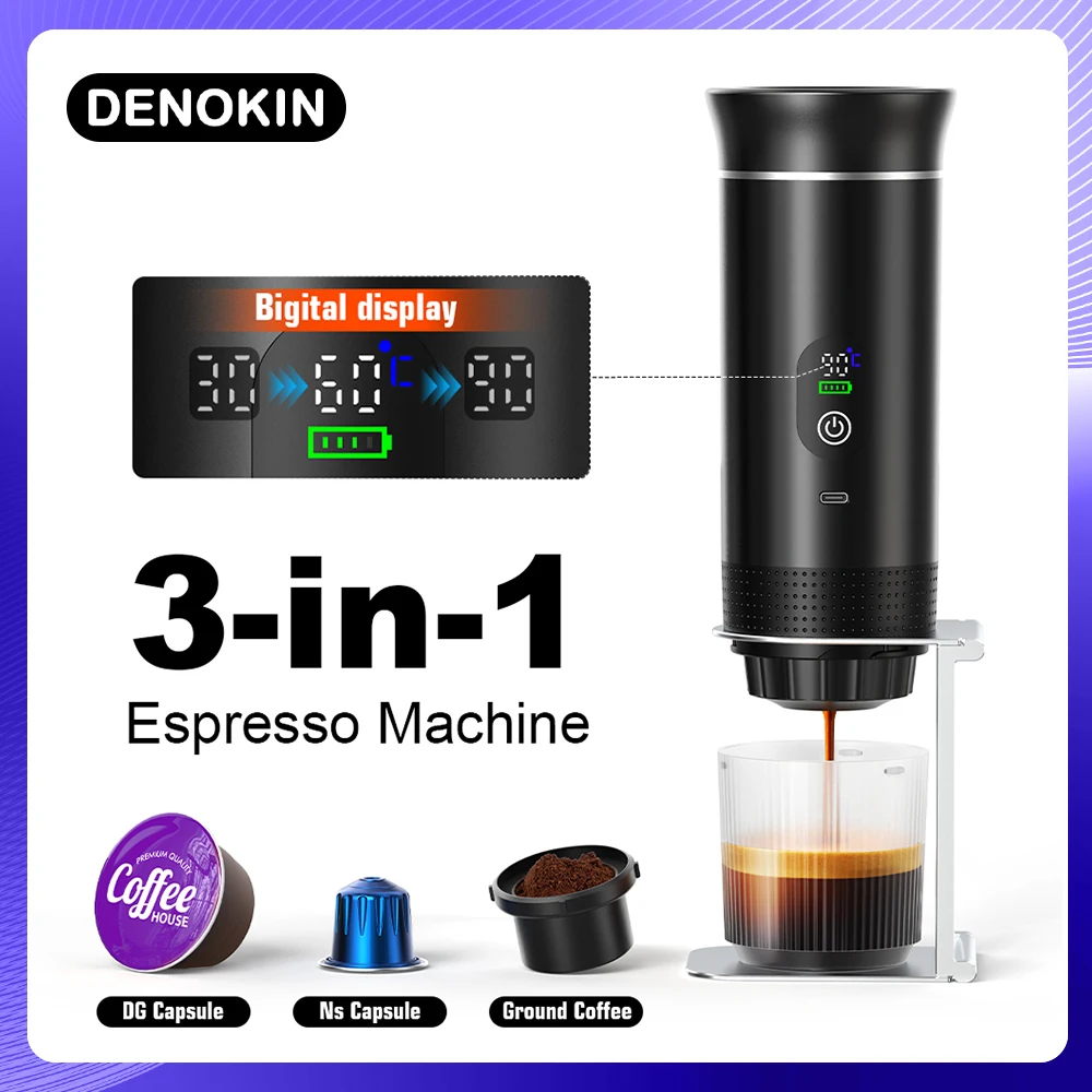 Cafetera eléctrica portátil inalámbrica DENOKIN para coche y camping, con depósito de agua de 80 ml, pantalla digital, 3 en 1, para cápsulas de café en polvo y viajes. - Imagen 2