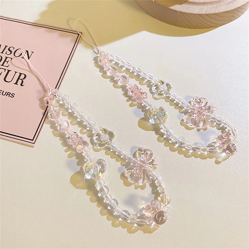 Correa de teléfono con nudo de cadena para mujer, oso Rosa coreano, mariposa, flor, llavero de cordón para teléfono móvil, bolso de niña, colgante de cámara para funda - Imagen 2